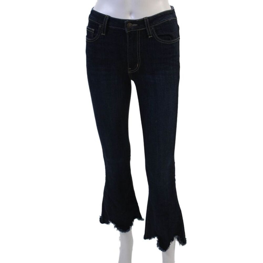 L.T.J Denim Women Cropped Flared Jeans Dark Blue Mid Rise Button Petite Size 24